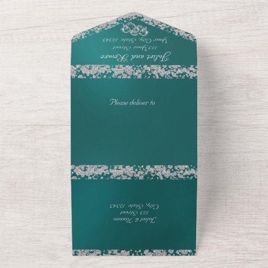 Double Hearts & Glitter - Blauwgroen All In One Uitnodiging (Buitenkant)