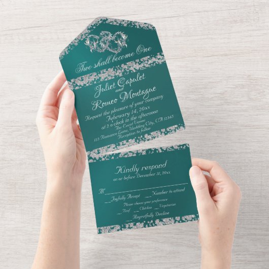 Double Hearts & Glitter - Blauwgroen All In One Uitnodiging (Afscheurbaar)