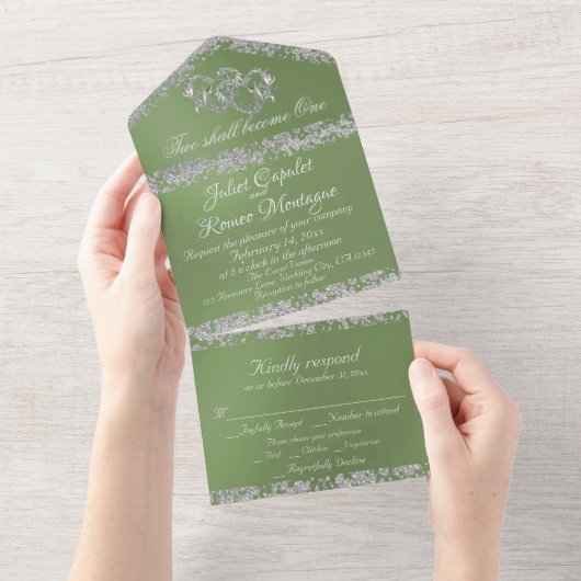 Double Hearts & Glitter - Sage All In One Uitnodiging (Afscheurbaar)