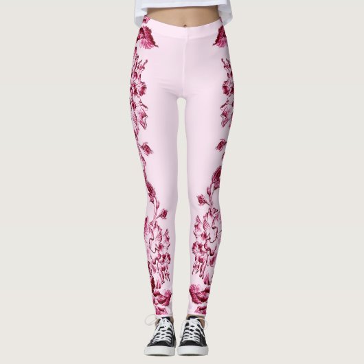 Double Hibiscus  Pink on Black  Leggings (Voorkant)