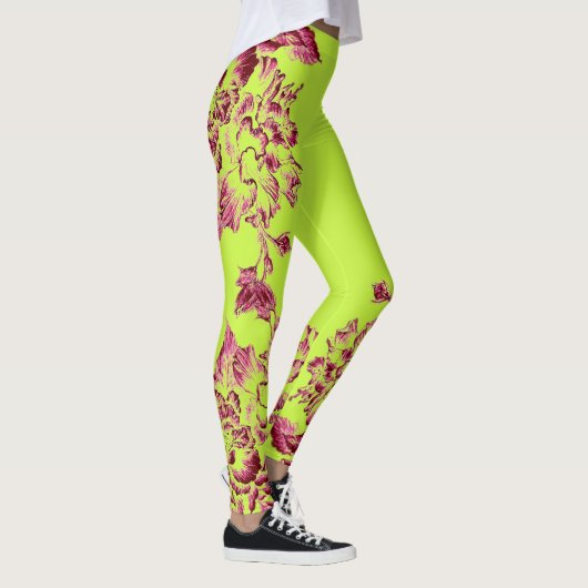 Double Hibiscus Pink on Lime  Leggings (Droite)
