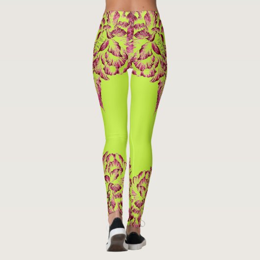 Double Hibiscus Pink on Lime  Leggings (Dos)