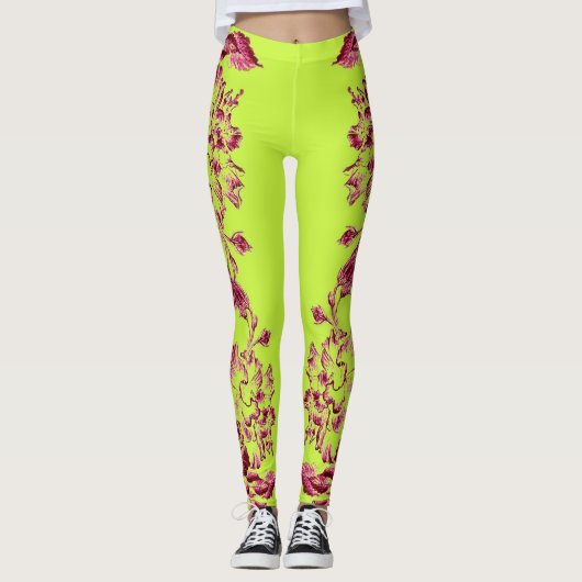 Double Hibiscus Pink on Lime  Leggings (Devant)