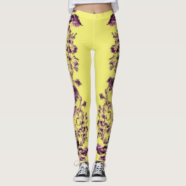 Double Hibiscus Purple on Yellow  Leggings