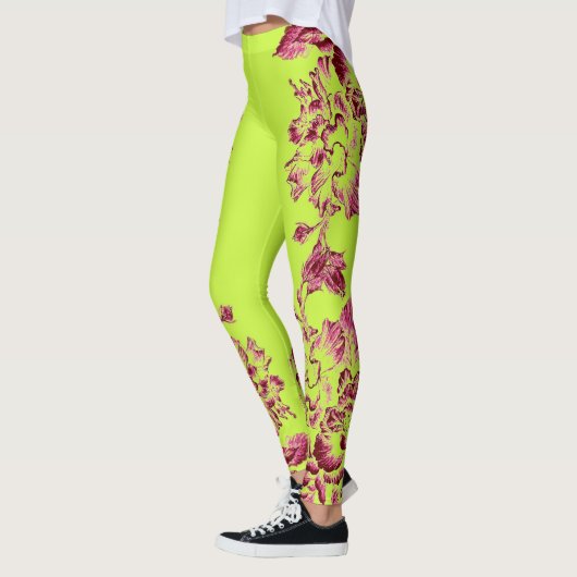 Double Hibiscus Rose sur Leggings Lime (Gauche)