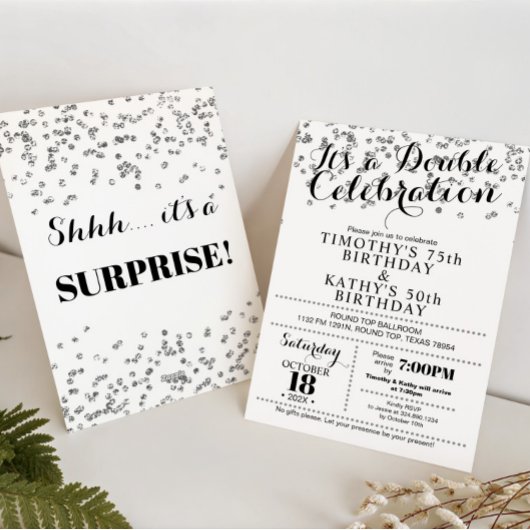 Double Invitation Faux Confetti Argent pour Célébr