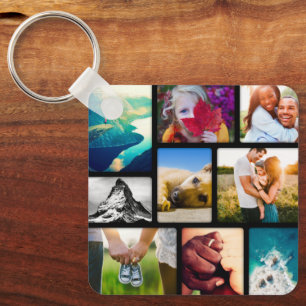 Double Sided 9 Photo Collage Black Metal Sleutelha Sleutelhanger