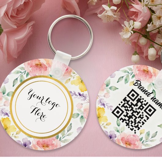 Double sided Logo QR Code floral keychain