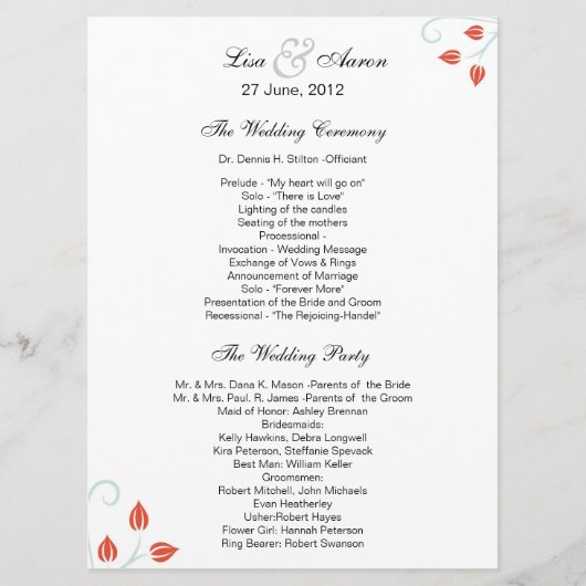 Double Sided -Menu/Wedding Ceremony Program Programma (Achterkant)
