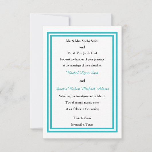 Double Teal Trim - Invitation de mariage 3x5 (Devant)