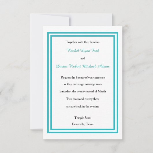 Double Teal Trim - Invitation de mariage 3x5 (Devant)