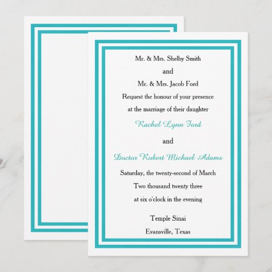 Double Teal Trim - Invitation de mariage 5x7 (Devant / Derrière)