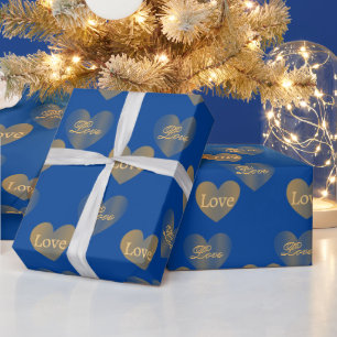 Double the Gold Love Hearts op Congress Blue Cadeaupapier