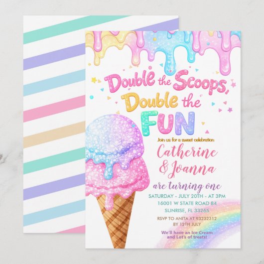 Double the Scoops Birthday ice Cream Glitter Kaart (Voorkant / Achterkant)
