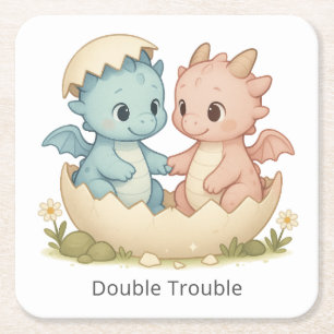 Double Trouble Fantasy Twin Baby Dragons Vierkante Kartonnen Onderzetter