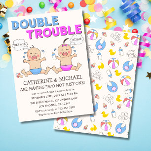 Double Trouble Twin Boy & Girl Baby shower Kaart