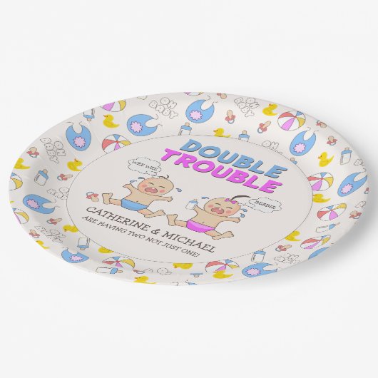 Double Trouble Twin Boy & Girl Baby shower Papieren Bordje (Gekanteld)