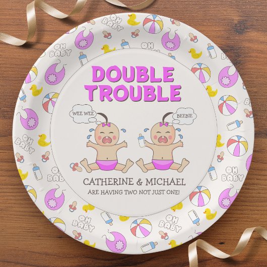 Double Trouble Twin Meisjes Baby shower Papieren Bordje