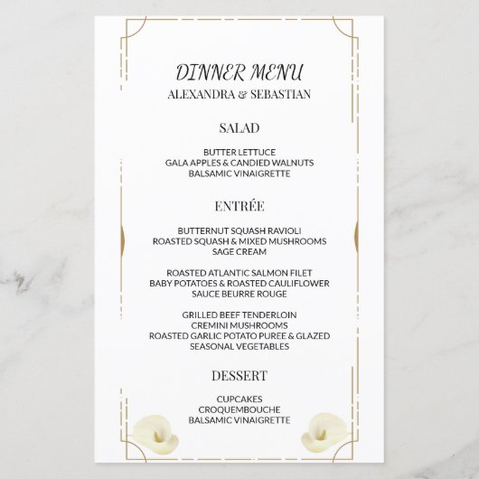 Double verdure Calla Lily Dîner Mariage Menu (Dos)