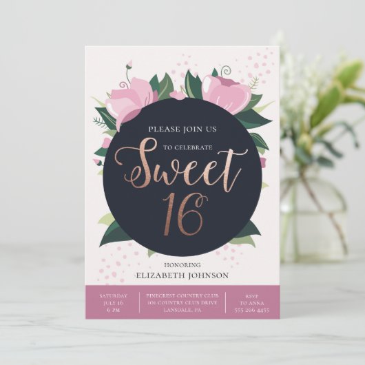 Douce carte d'anniversaire 16. Or et rose. Floral (Debout devant)