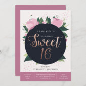 Douce carte d'anniversaire 16. Or et rose. Floral (Devant / Derrière)