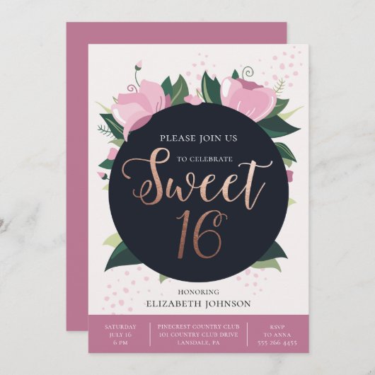 Douce carte d'anniversaire 16. Or et rose. Floral (Devant / Derrière)