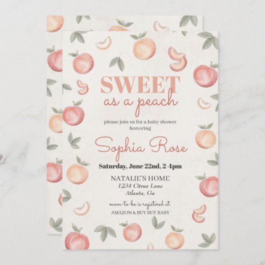 Douce comme un invitation baby shower pêche (Devant / Derrière)