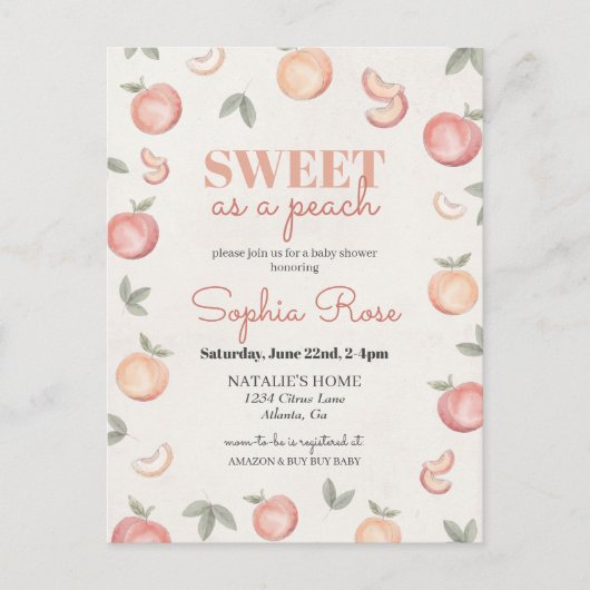 Douce comme un invitation baby shower pêche (Devant)