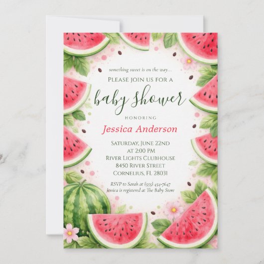 Douce Invitation de Baby Shower Corail Pastèque Aq (Devant)