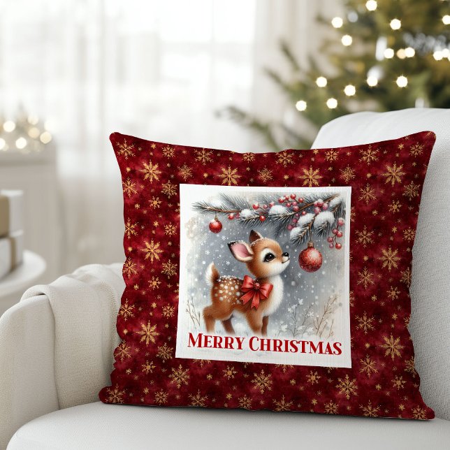 Douce scène hivernale bébé faon Noël oreiller (Gentle winter scene baby fawn Christmas pillow (49))