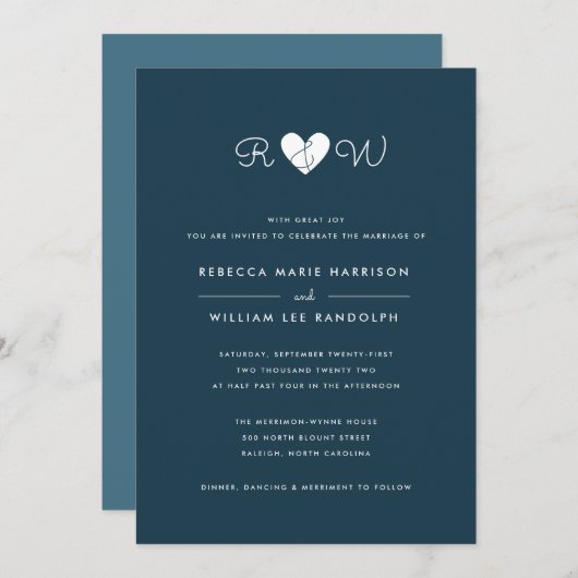 Douce simplicité Faire-part de mariage bleu foncé (Devant / Derrière)