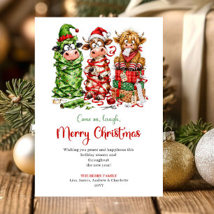 Douces Vaches Fantaisistes Carte de Noël Aquarelle