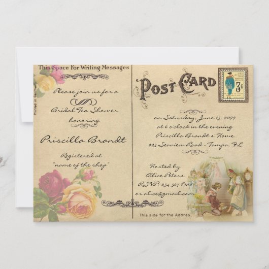 Douche à thé nuptiale, style vieille carte postale (Devant)