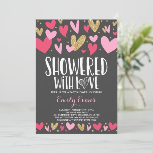 Douche Avec Amour Baby shower Coeurs Invitation (Debout devant)