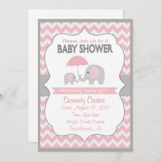Douche bébé rose et gris pour bébés Invitations (Devant / Derrière)