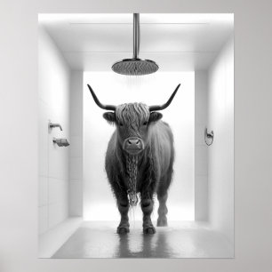 Douche Highland Koe Badkamer Zwart-wit Poster