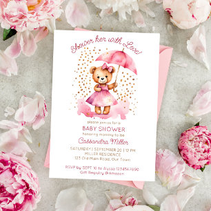 Douche met liefde meisje teddybeer baby shower kaart