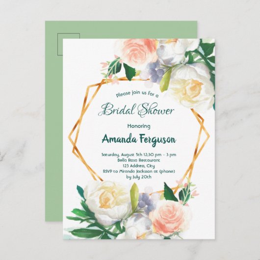 Douche nuptiale aquarelle vert fleuri invitation (Devant / Derrière)