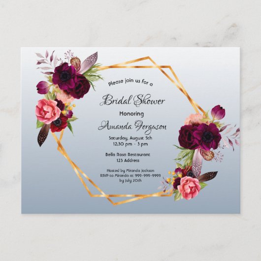 Douche nuptiale bleu bordeaux invitation (Devant)