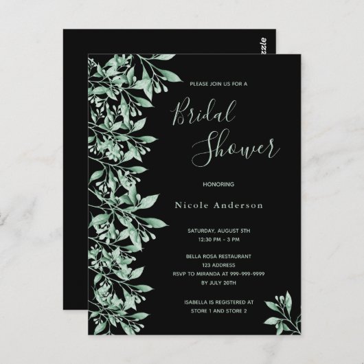 Douche nuptiale budget invitation vert noir (Devant / Derrière)