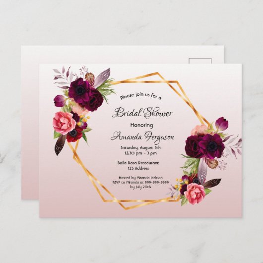 Douche nuptiale dusté rose Bourgogne invitation (Devant / Derrière)