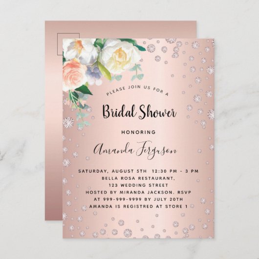 Douche nuptiale rose or blush invitation florale (Devant / Derrière)