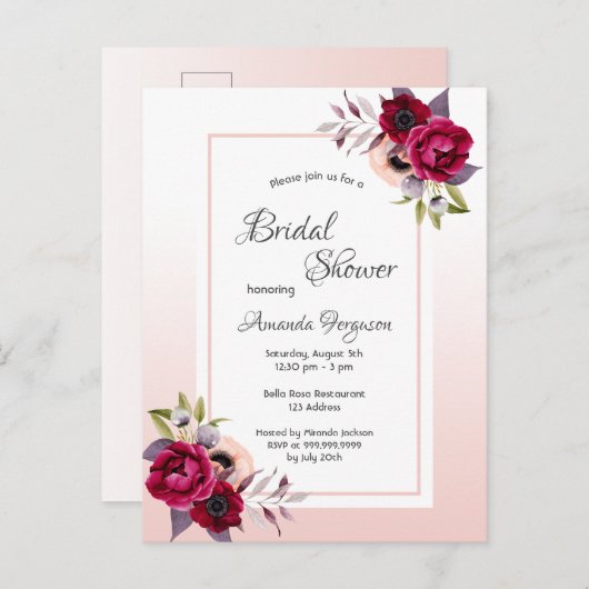 Douche nuptiale rose or fleurs invitation (Devant / Derrière)