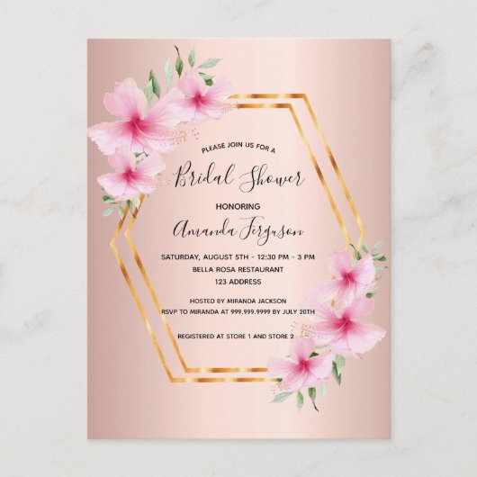 Douche nuptiale rose or rose fleurs invitation (Devant)