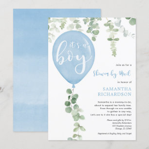 Douche per mail blauwe ballon eucalyptus baby show kaart