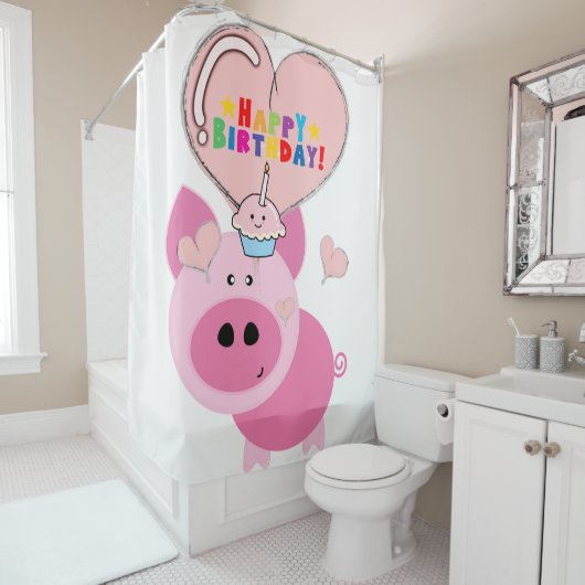 Douche rideau heureux Anniversaire Cochon rose (En situation)