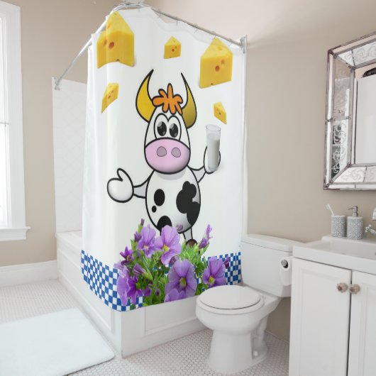 Douche Rideau Vache Lait Fromage Bleu Plaid (En situation)