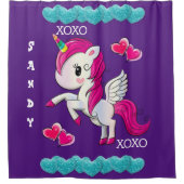 Douche rideau violet licorne bleu Coeurs xoxo (Devant)