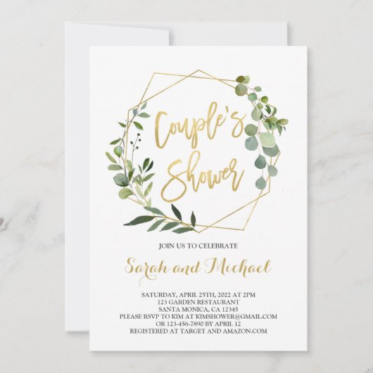 Douche van het paar groen en gouden baby shower kaart (Voorkant)