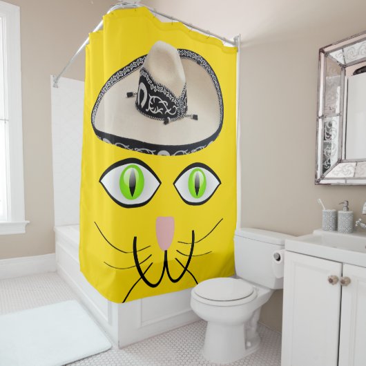Douchegordijn Gele Kat Sombrero (In situ)